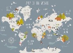 Carta da parati con mappa del mondo illustrata degli animali grigi