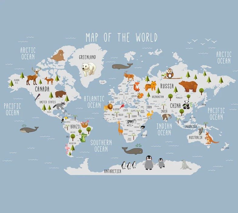 Animali illustrati mappa del mondo carta da parati