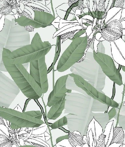 Carta da parati a fiori NB verde fogliame naturale