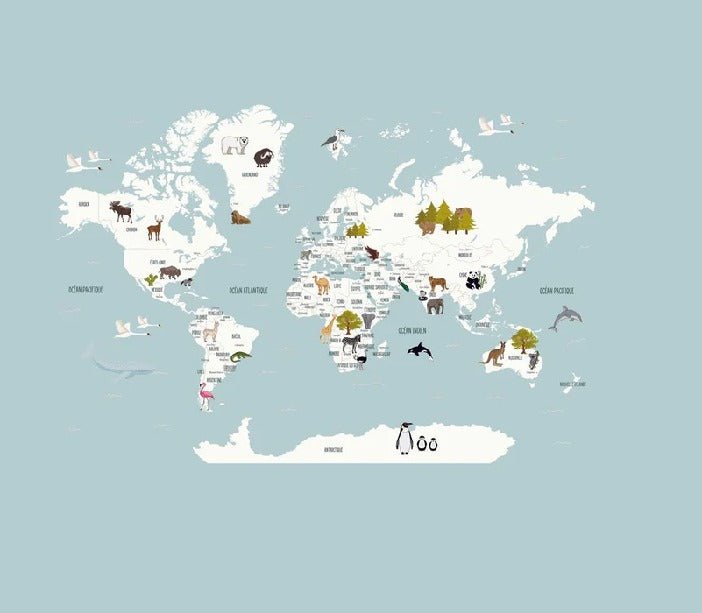 Mappa del mondo per bambini in carta da parati francese blu ghiaccio