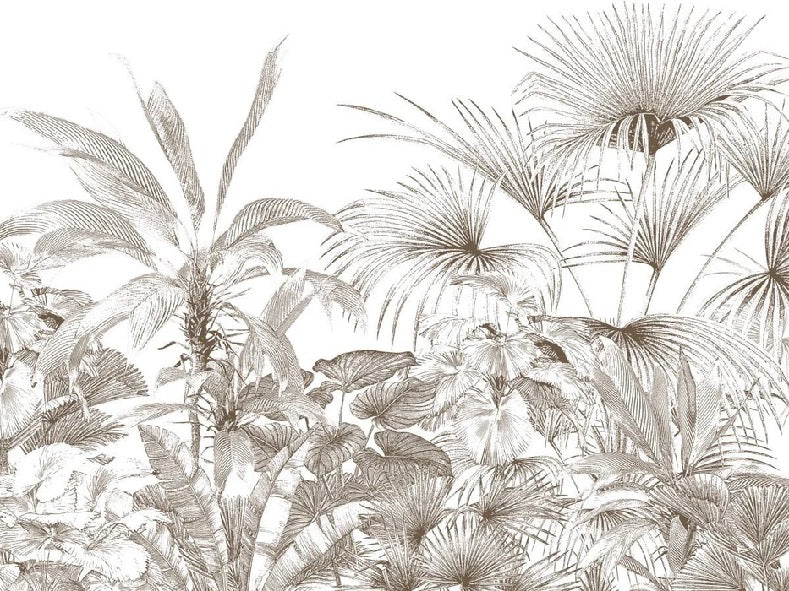 Carta da parati con incisioni monocromatiche tropicali