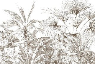 Carta da parati con incisioni monocromatiche tropicali
