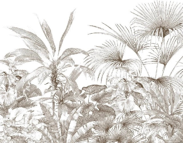 Carta da parati con incisioni monocromatiche tropicali