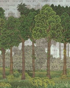 Carta da parati illustrata con grandi alberi