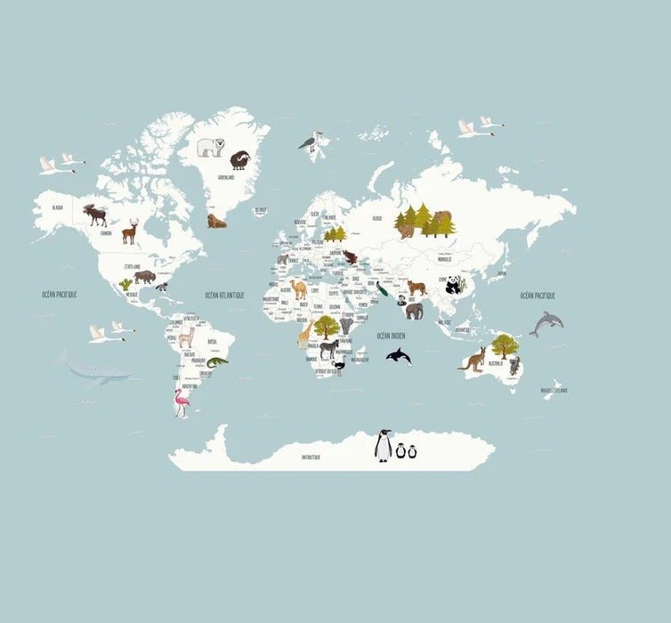 Mappa del mondo per bambini in carta da parati francese blu ghiaccio