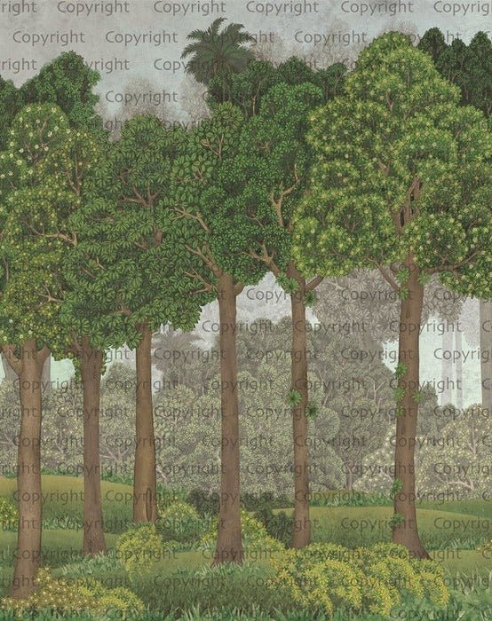 Carta da parati illustrata con grandi alberi