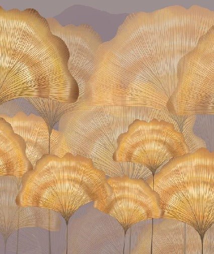 Papier peint contemporain ginkgo ocre, mural concept, tendance