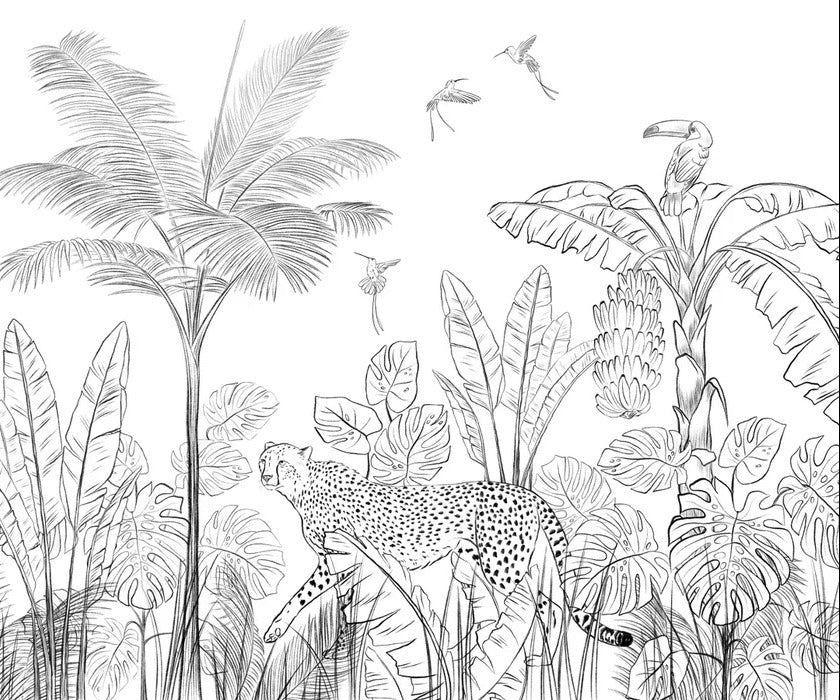 Carta da parati della giungla leopardata in bianco e nero