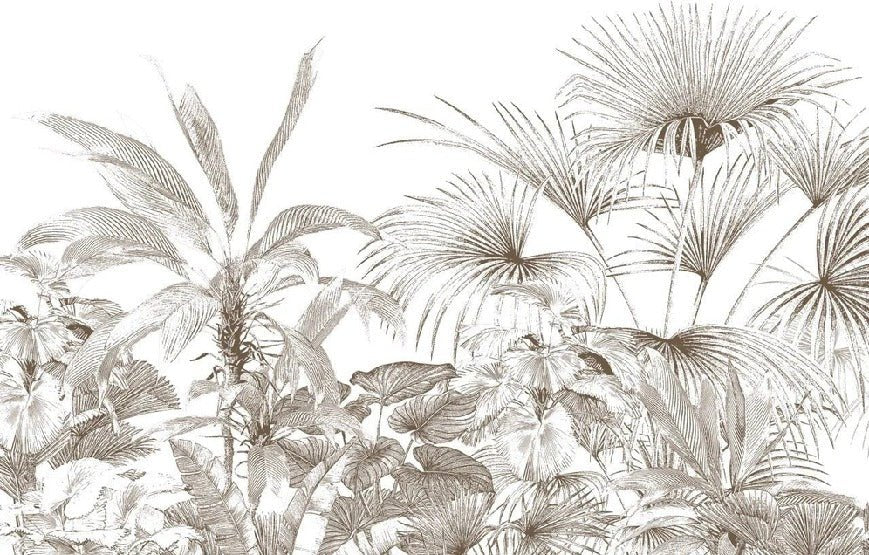 Carta da parati con incisioni monocromatiche tropicali