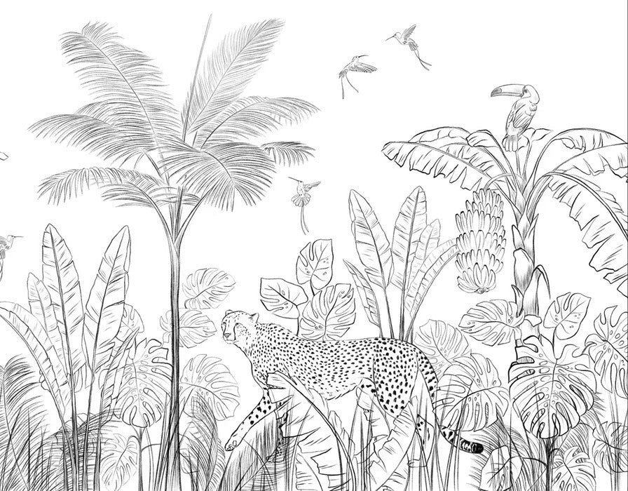 Carta da parati giungla leopardo bianco e nero