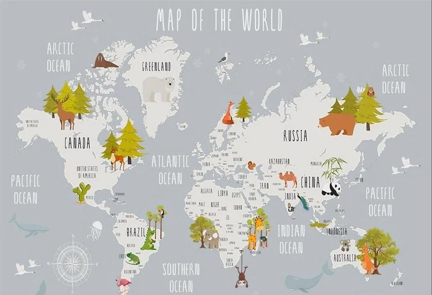 Carta da parati per la cameretta dei bambini mappa animali grigio chiaro