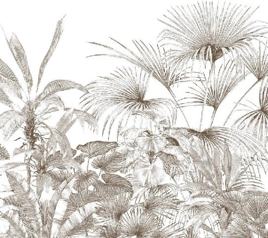 Carta da parati con incisioni monocromatiche tropicali