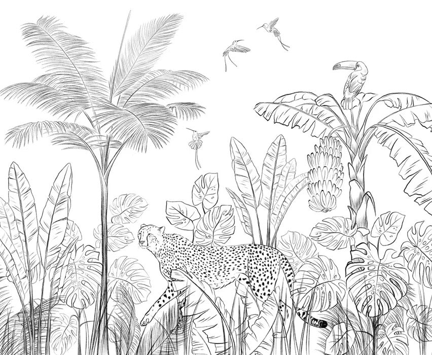 Carta da parati della giungla leopardata in bianco e nero