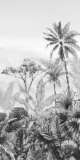 Carta da parati di tendenza per toilette tropicale in bianco e nero