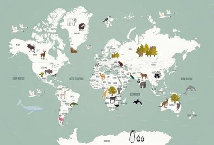 Carta da parati con mappamondo francese per bambini, verde