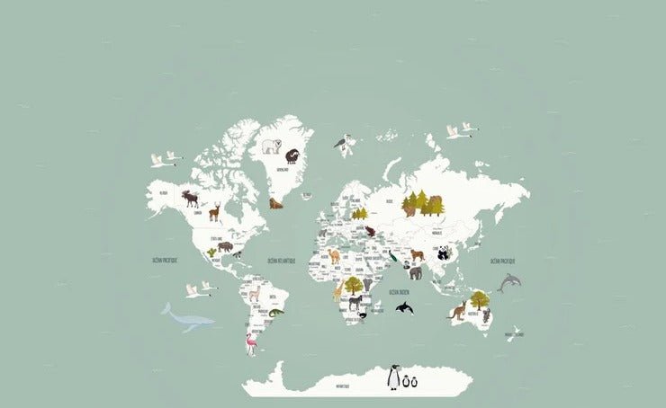 Carta da parati con mappamondo francese per bambini, verde