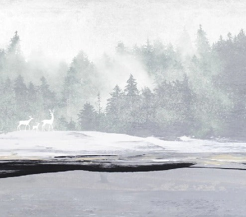 Carta da parati con foresta nebbiosa e cervi