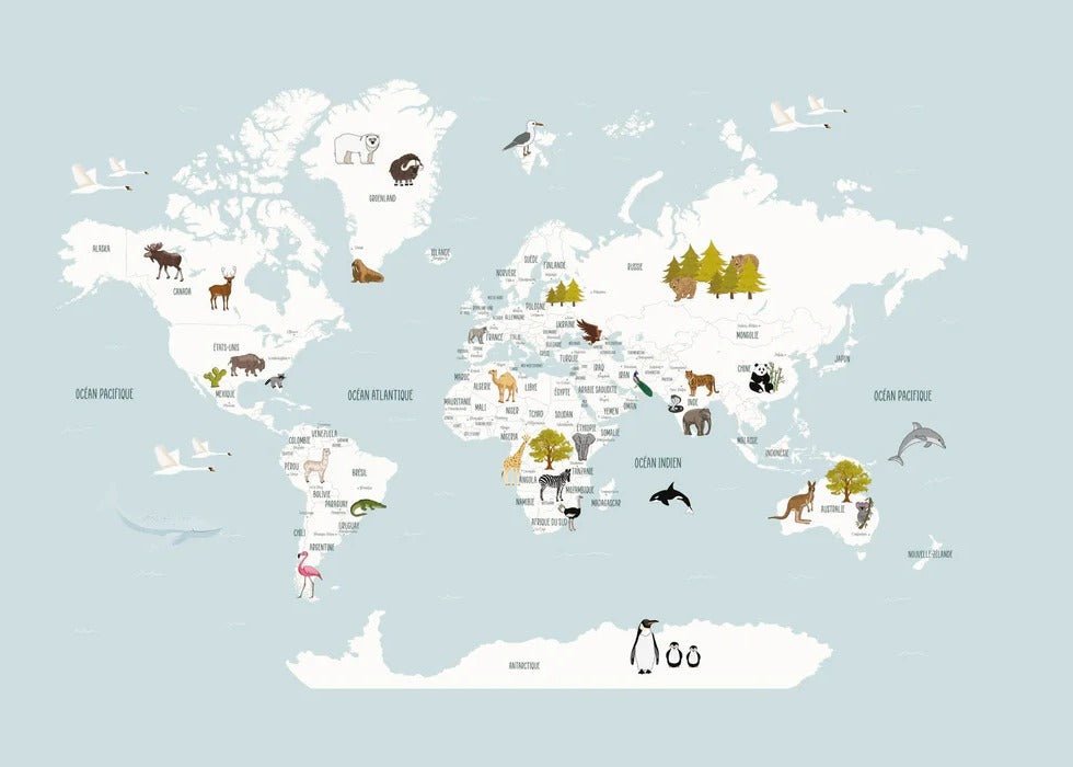 Carta da parati Mappa del mondo in francese per bambini blu ghiaccio