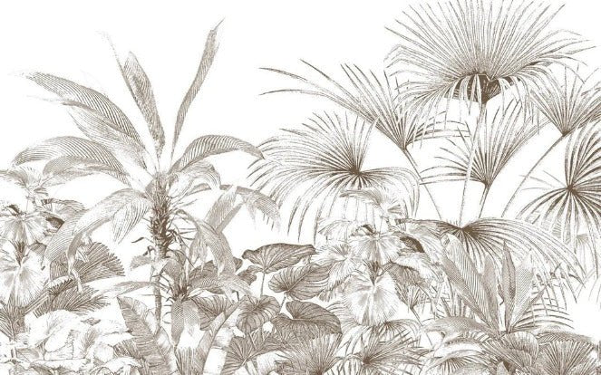 Carta da parati con incisioni monocromatiche tropicali