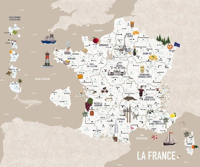 Carta da parati con mappa della Francia per bambini beige