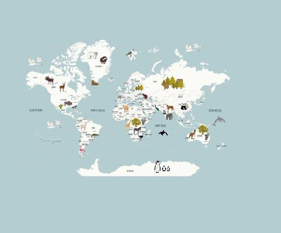 Mappa del mondo per bambini in carta da parati francese blu ghiaccio