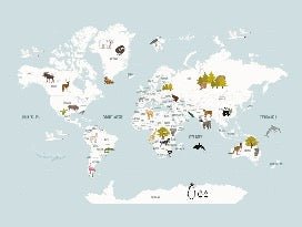 Mappa del mondo per bambini in carta da parati francese blu ghiaccio