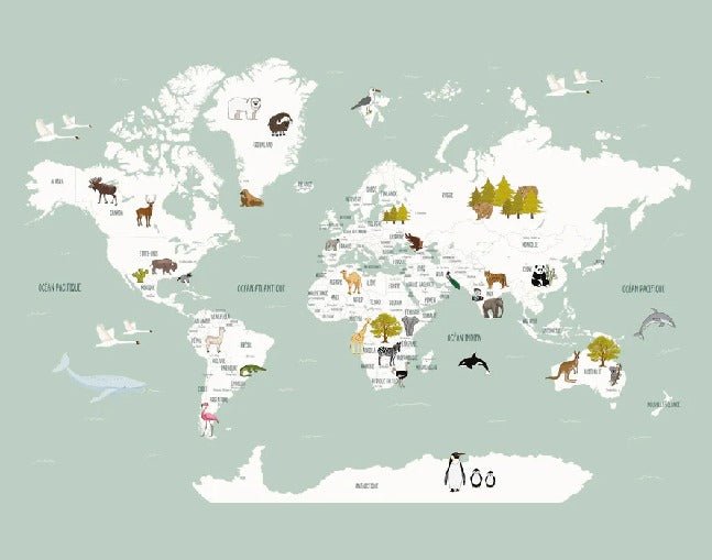 Carta da parati con mappamondo francese per bambini, verde