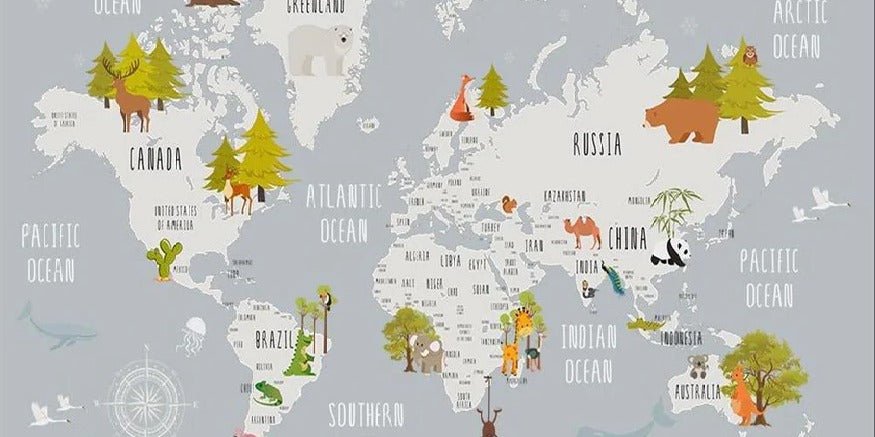 Carta da parati per camera bambini con animali grigio chiaro