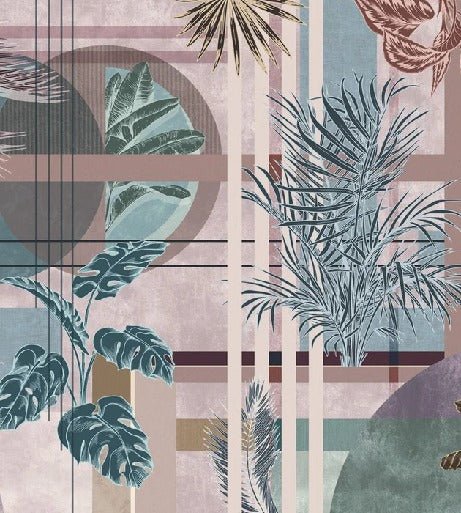 Carta da parati geometrica rosa con palme