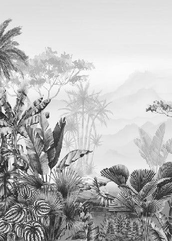 Carta da parati di tendenza per toilette tropicale in bianco e nero