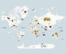 Mappa del mondo per bambini in carta da parati francese blu ghiaccio