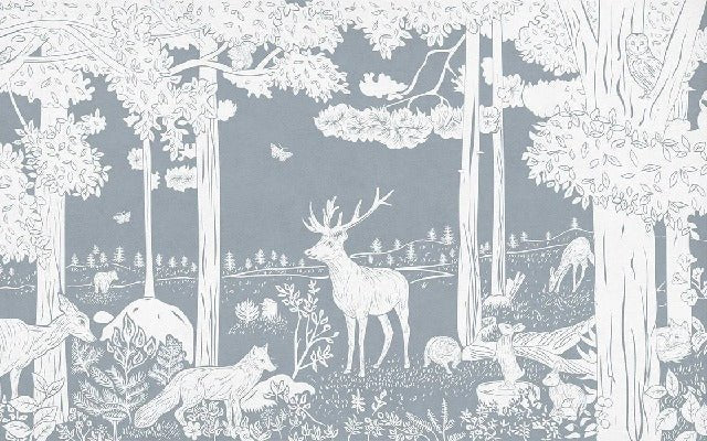 Carta da parati con animali del bosco blu