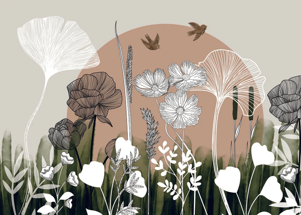 Carta da parati Illustrazione floreale - H250cmx L350cm - Materiale Softouch