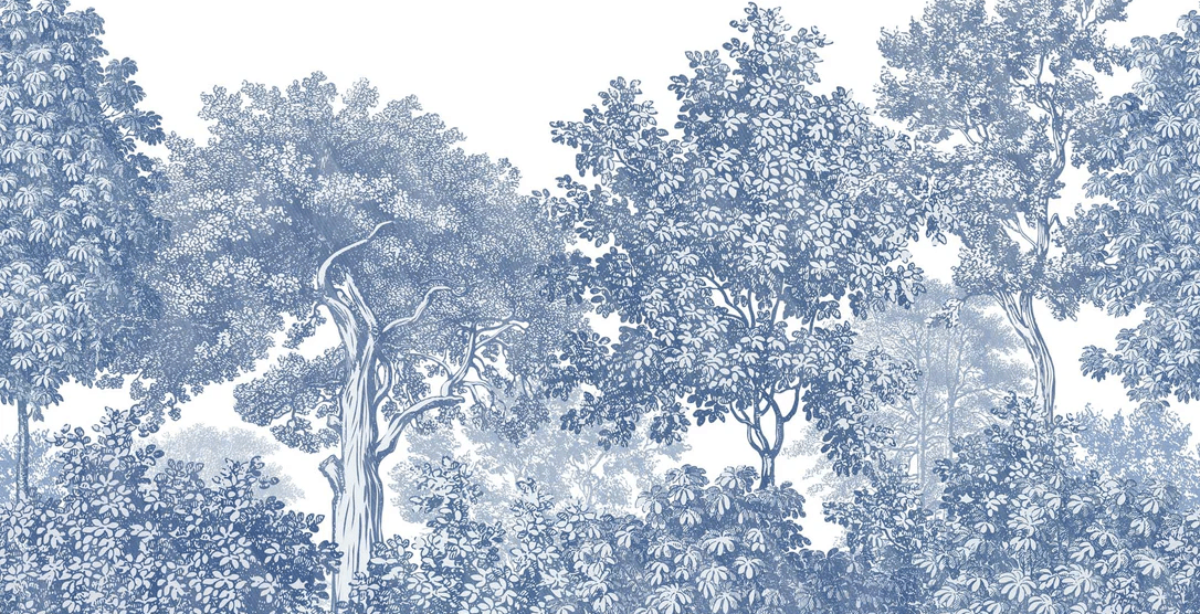 Carta da parati Paesaggio Foresta Incisione Blu - H120cmx L234cm - Materiale Softouch