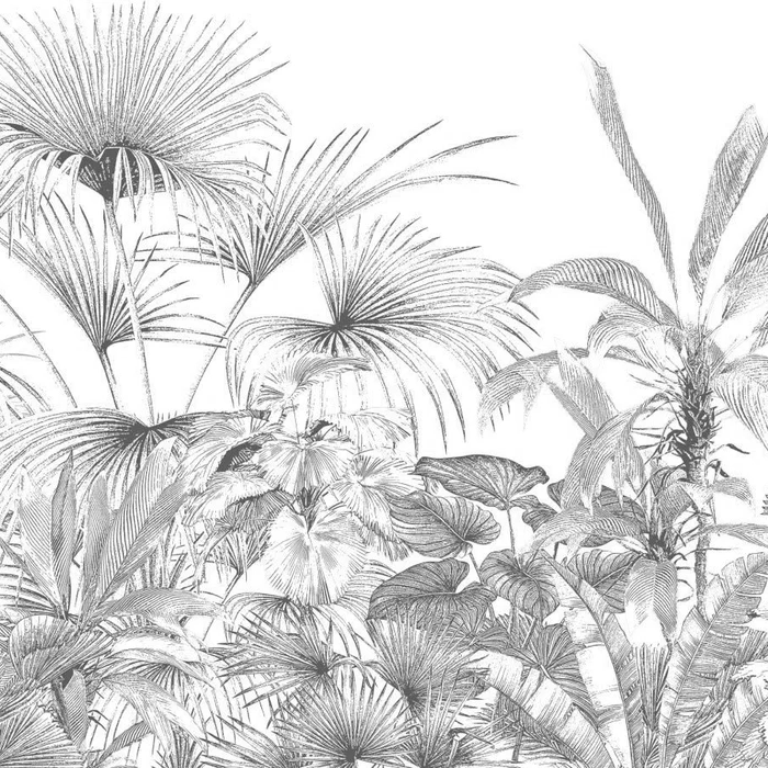 Carta da parati tropicale con stampa monocromatica in bianco e nero - H100 cm x L100 cm - Materiale Softouch