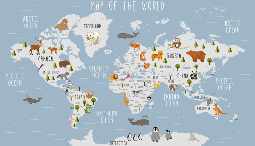 Carta da parati Mappa del mondo illustrata con animali - H183 cm x L319 cm - Materiale Softouch