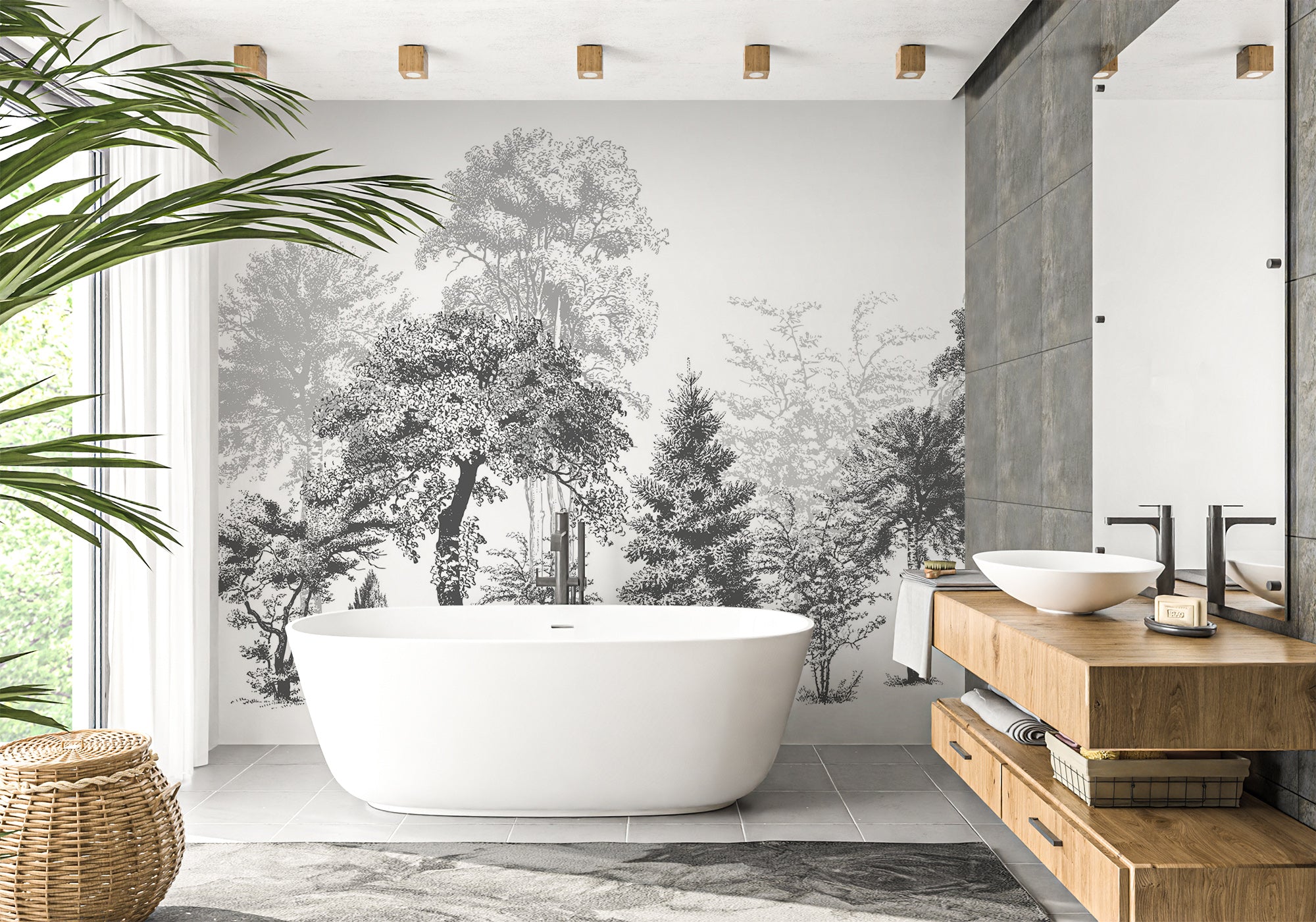 Papier peint salle de bain nature en noir et blanc, XXL, tendance