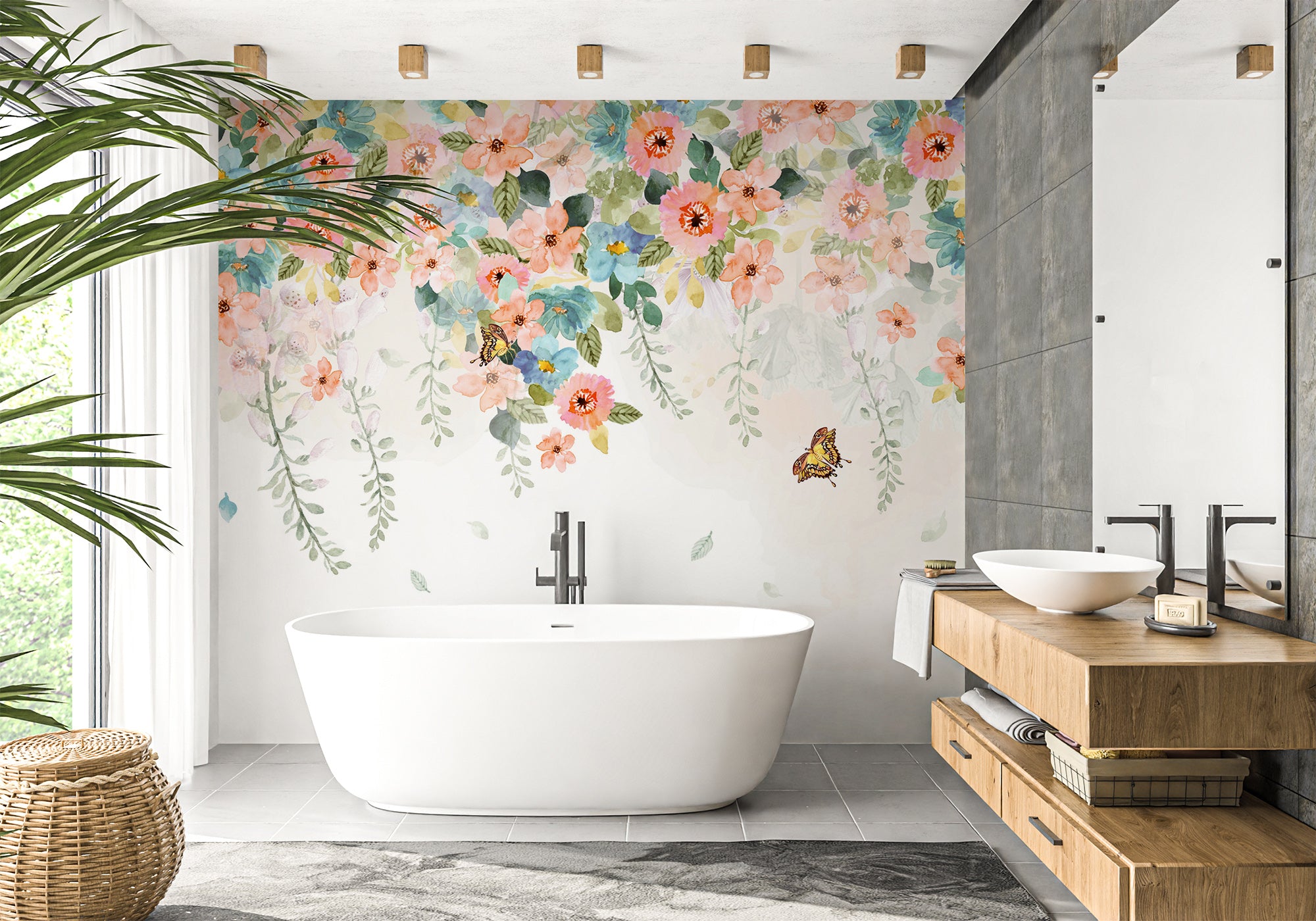 Papier peint salle de bain fleurs estivales, XXL, tendance