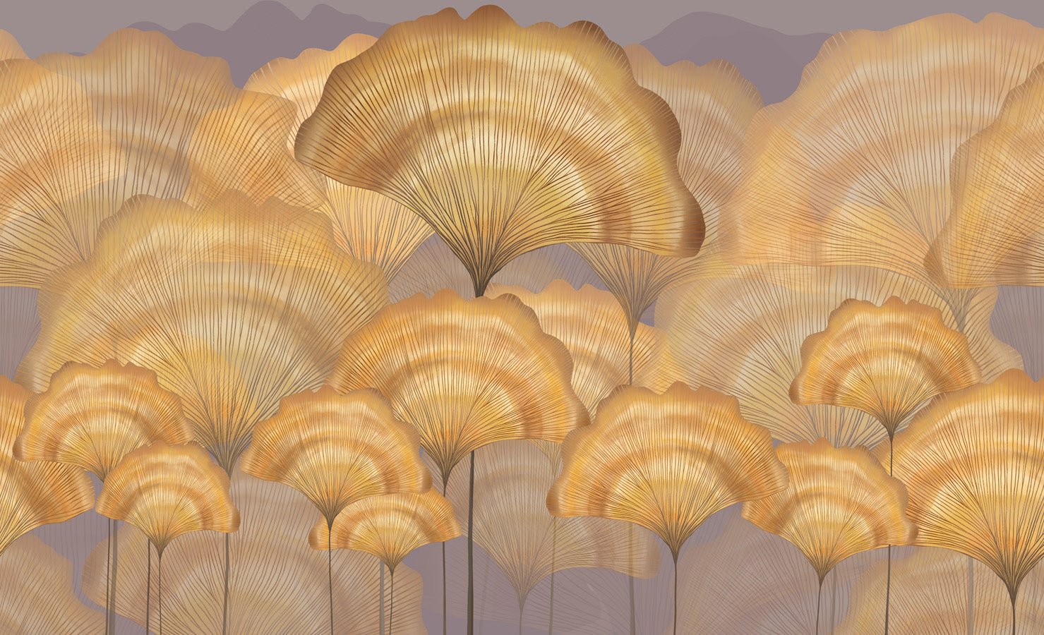 Papier peint salle de bain contemporain ginkgo ocre, mural concept, tendance