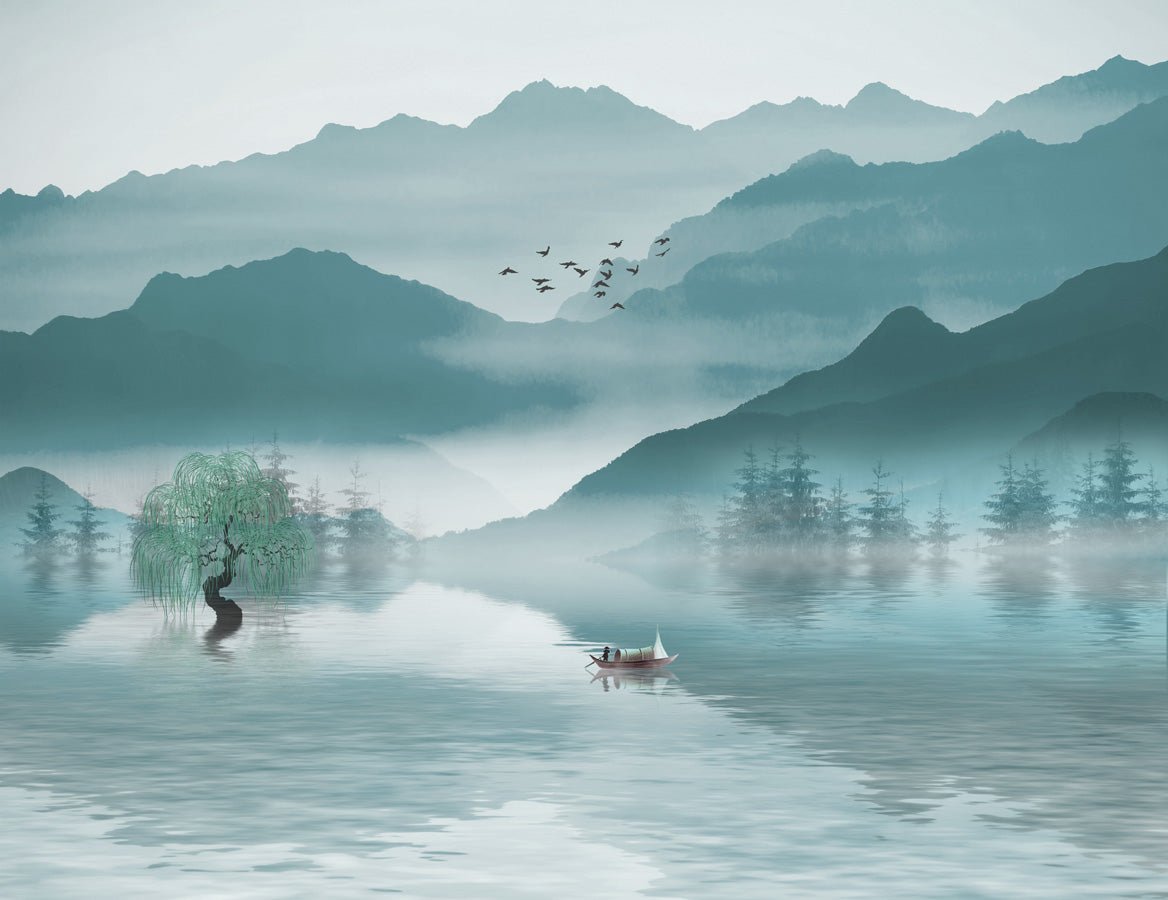 Papier peint entre montagne et lac, mural concept, tendance