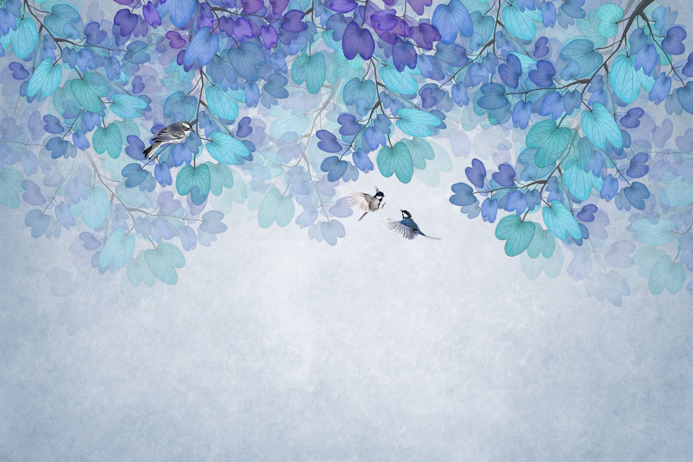 Papier peint salle de bain feuille bleu, mural concept, tendance