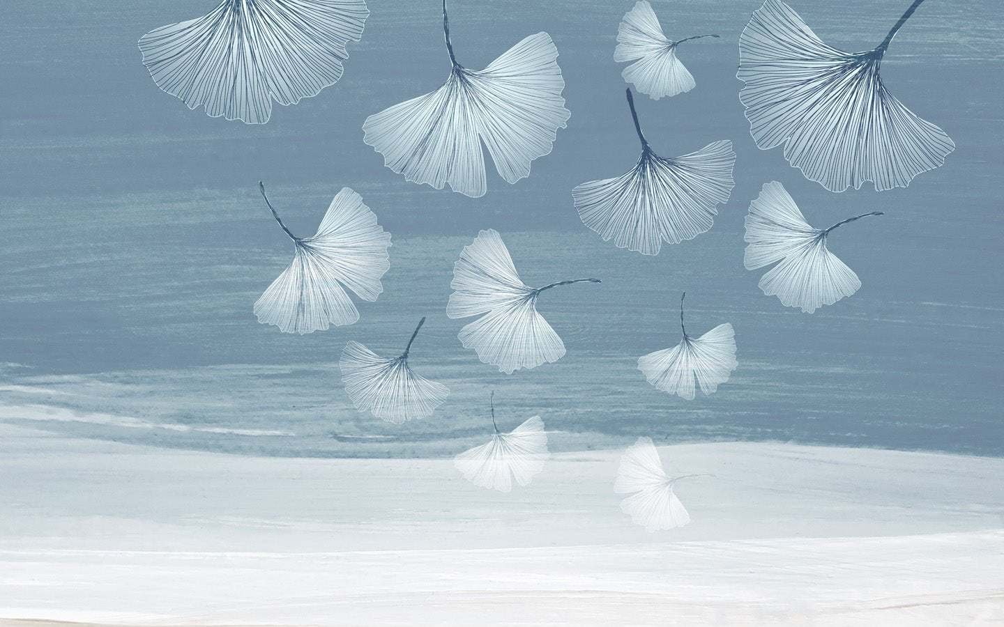 Papier peint wc japandi blue gingko, mural concept, tendance