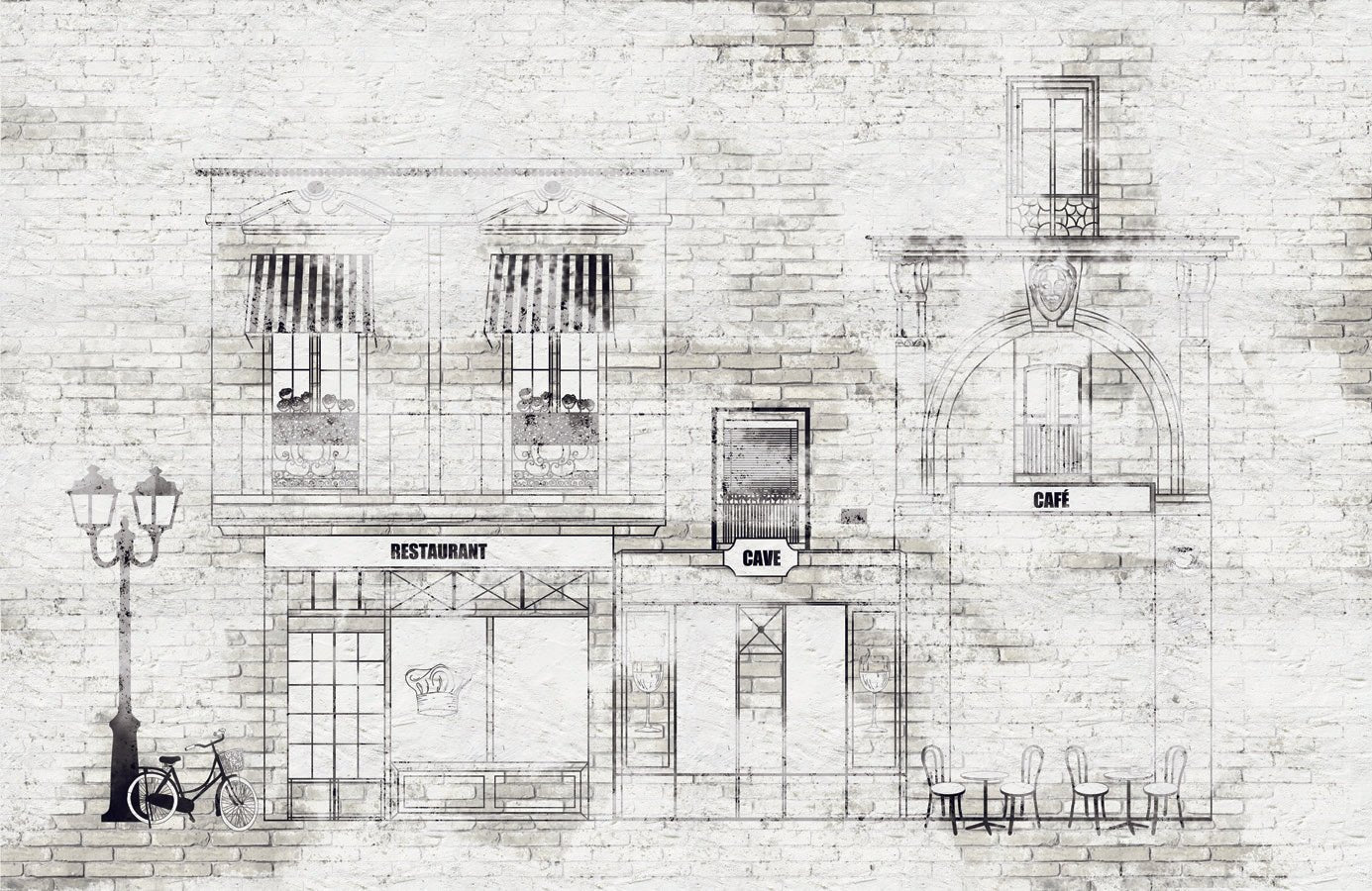 Papier peint bistrot vintage façade parisienne, mural concept, tendance