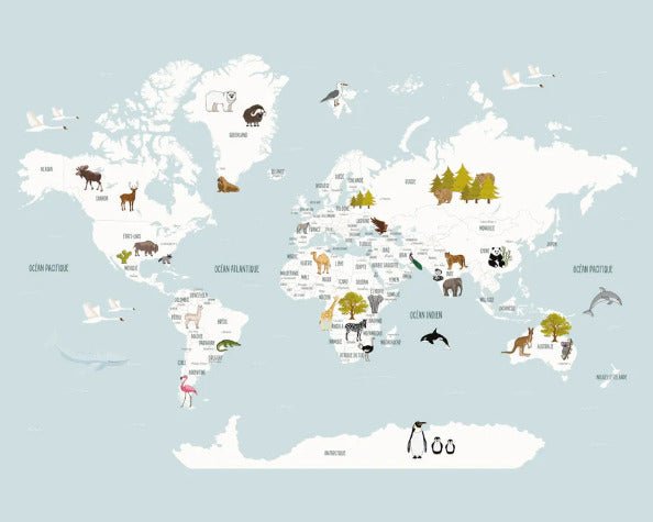 Carta da parati Mappa del mondo in francese per bambini blu ghiaccio