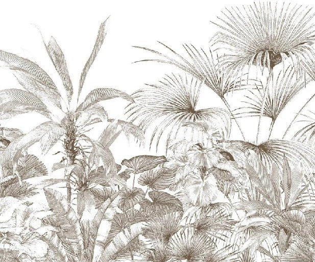 Carta da parati con incisioni monocromatiche tropicali