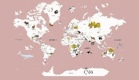 Carta da parati con mappamondo francese per bambini rosa antico