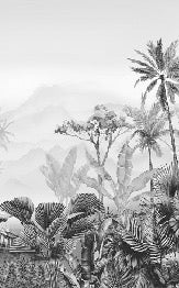 Carta da parati per bagno in stile tropicale bianco e nero