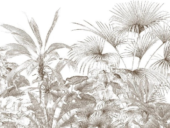 Carta da parati con incisioni monocromatiche tropicali