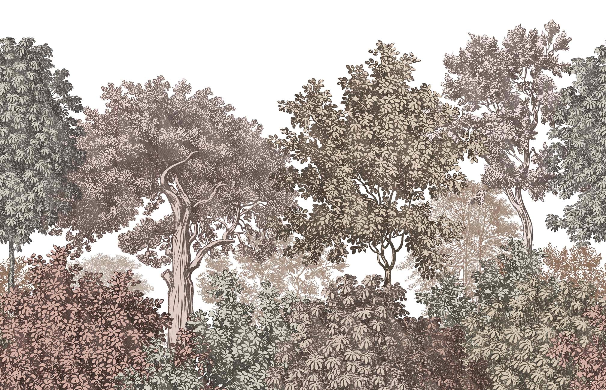 Papier peint paysage forêt gravure rosé, XXL, tendance