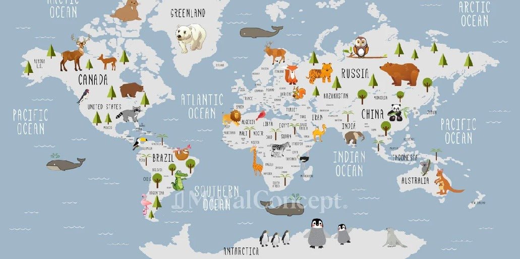 Animali illustrati mappa del mondo carta da parati